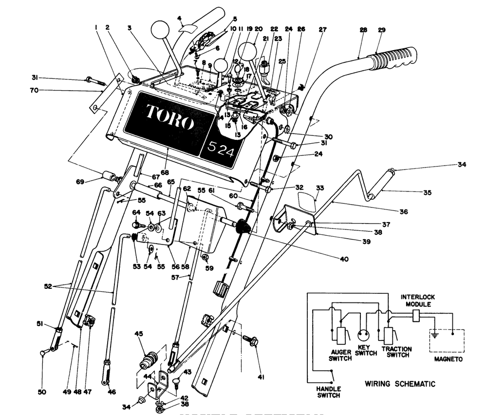 Handle Assembly Diagram and Parts List for 38050 4000001 - 4999999 Toro Snow Blower