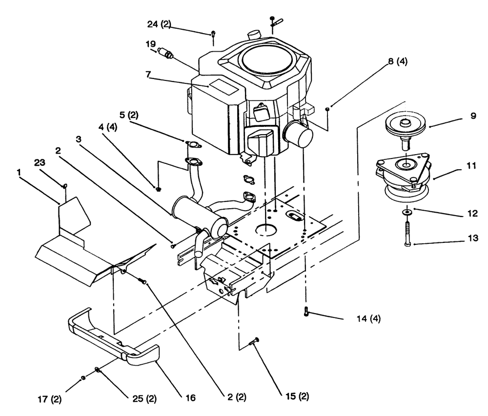 Twin Cylinder Engine, Muffler, And P.T.O. Diagram and Parts List for 72063 4900001 - 4999999 Toro Lawn Tractor