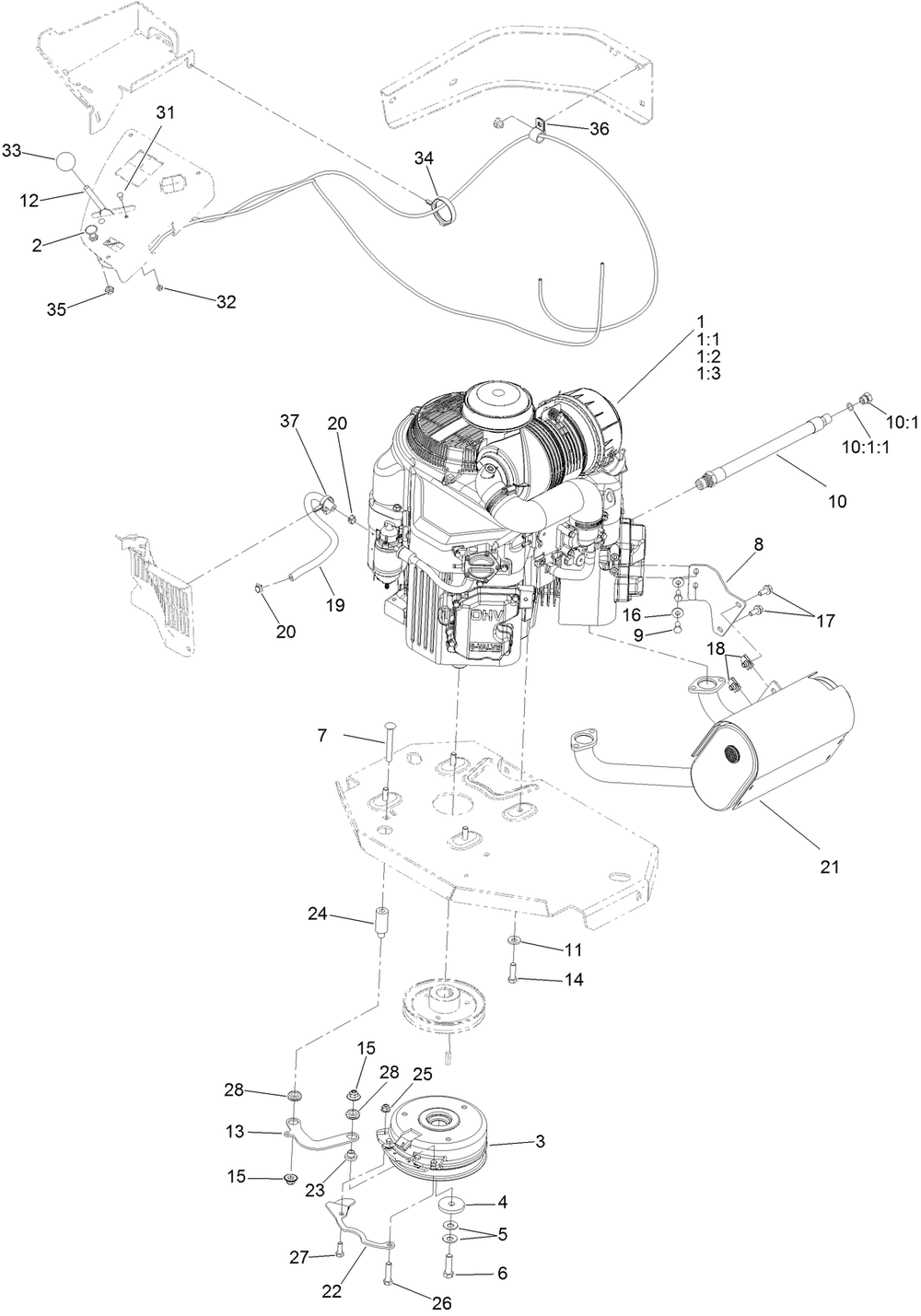 Engine, Clutch And Muffler Assembly Diagram and Parts List for 72960 409200000-999999999 Toro Lawn Mower