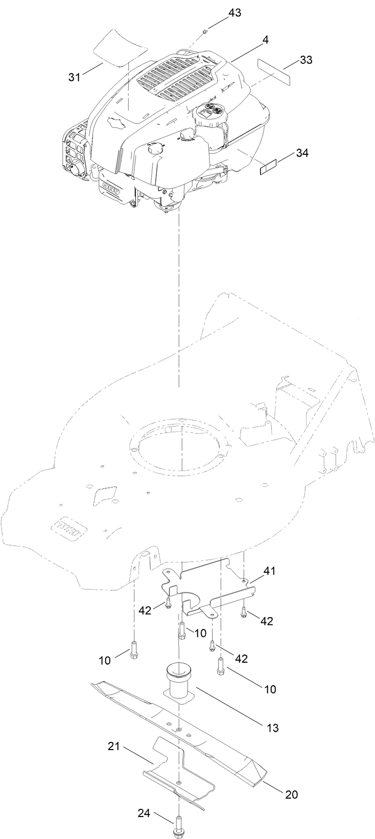Engine And Blade Assembly Diagram and Parts List for 21564 411000000 - 411859999 Toro Lawn Mower