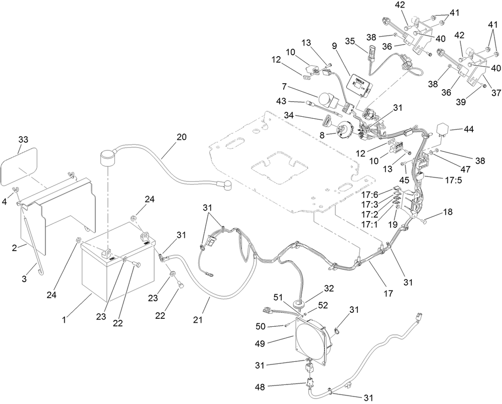 Electrical Assembly Diagram and Parts List for 74589 (313001001-313999999)(2013) Toro Lawn Mower