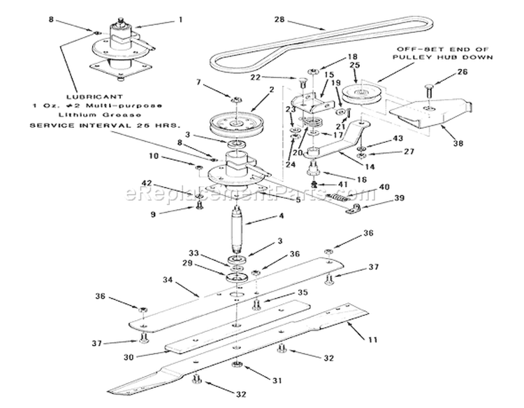 Spindle, Pulleys, And Drive Belt Diagram and Parts List for 33-08B504 1988 Toro Lawn Tractor