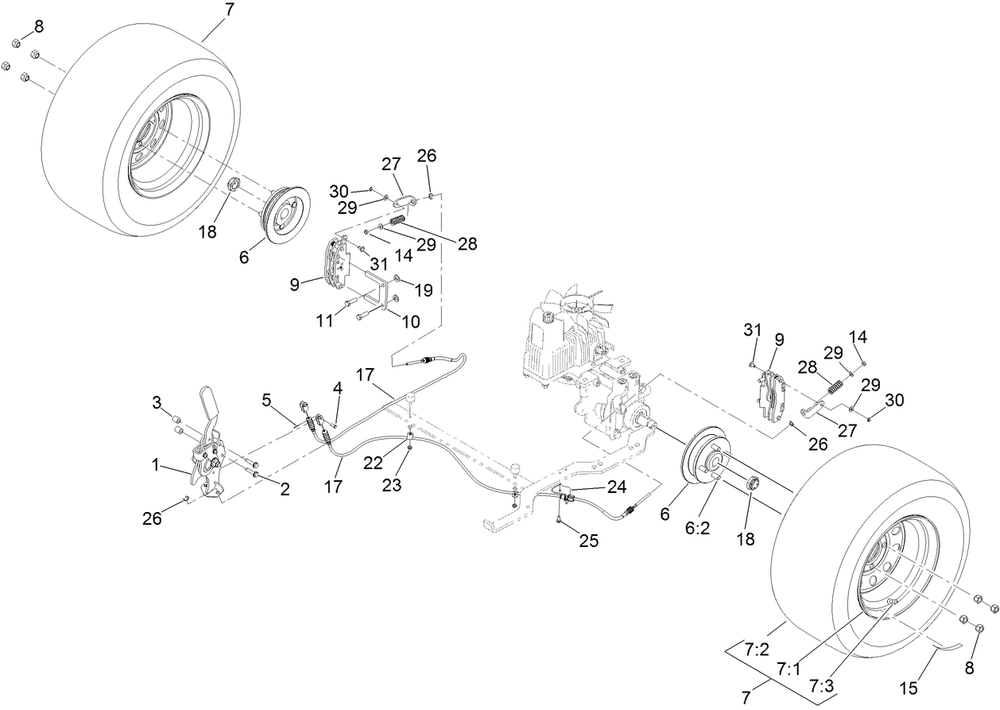 Rear Wheel And Park Brake Assembly Diagram and Parts List for 74901 (313000001-313999999)(2013) Toro Lawn Mower
