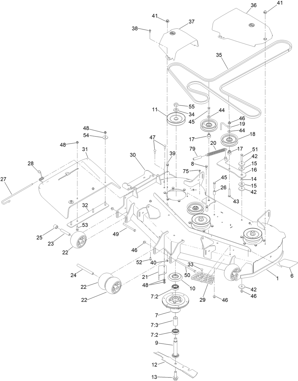 Deck Assembly Diagram and Parts List for 76411 400000000 - 415399999 Toro Lawn Tractor