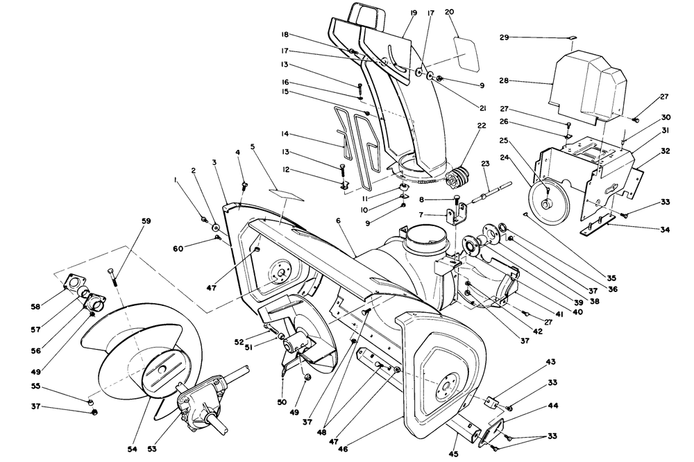 Housing & Chute Assembly Diagram and Parts List for 38580 0000001 - 0999999 Toro Snow Blower