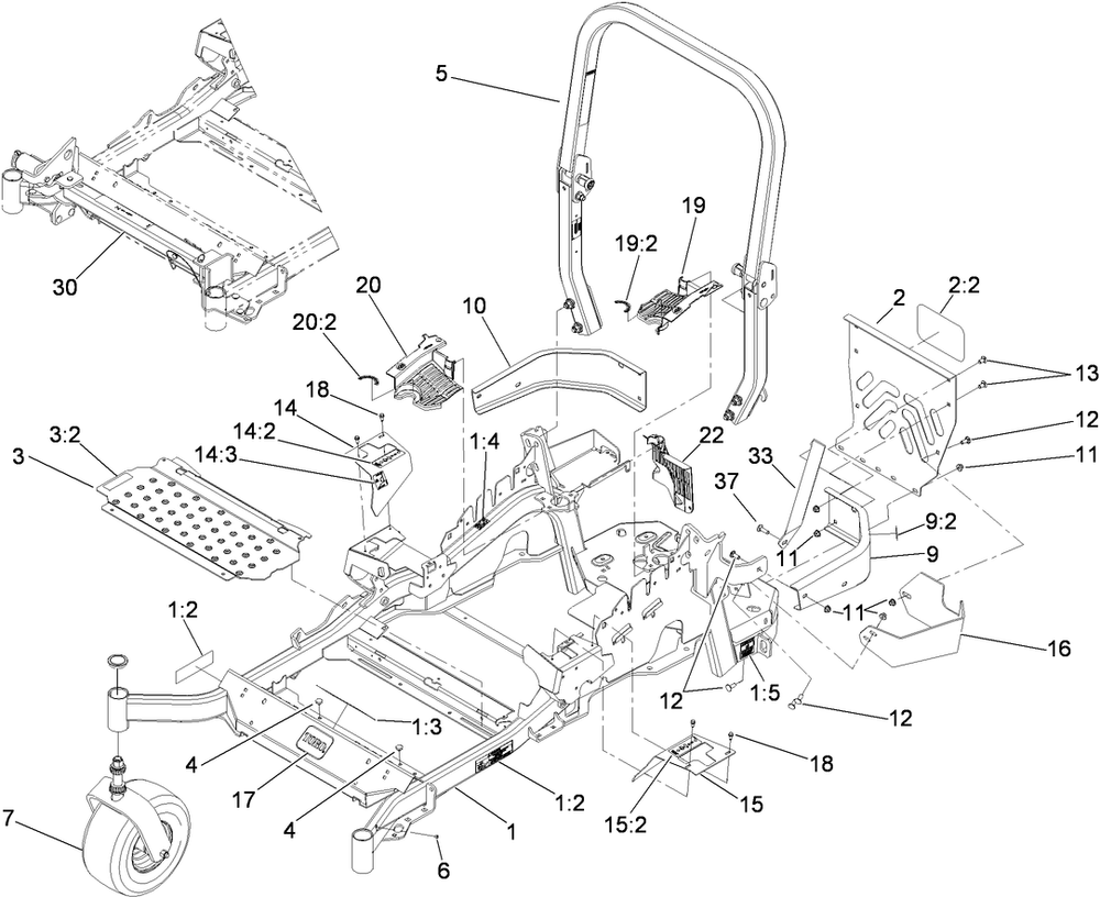 Front Frame And Caster Wheel Assembly Diagram and Parts List for 74925TE (290000001-290999999)(2009) Toro Lawn Mower