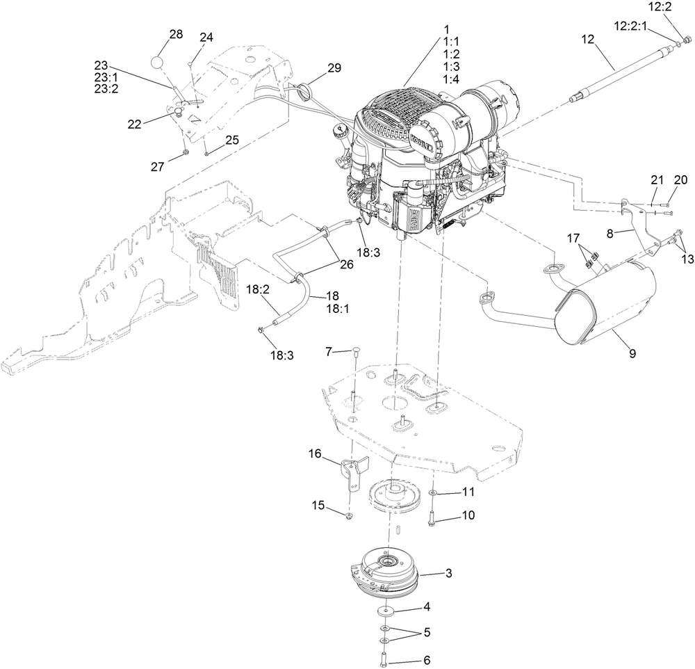 Engine, Clutch And Muffler Assembly Diagram and Parts List for 74915 402100000-403004518 Toro Lawn Mower