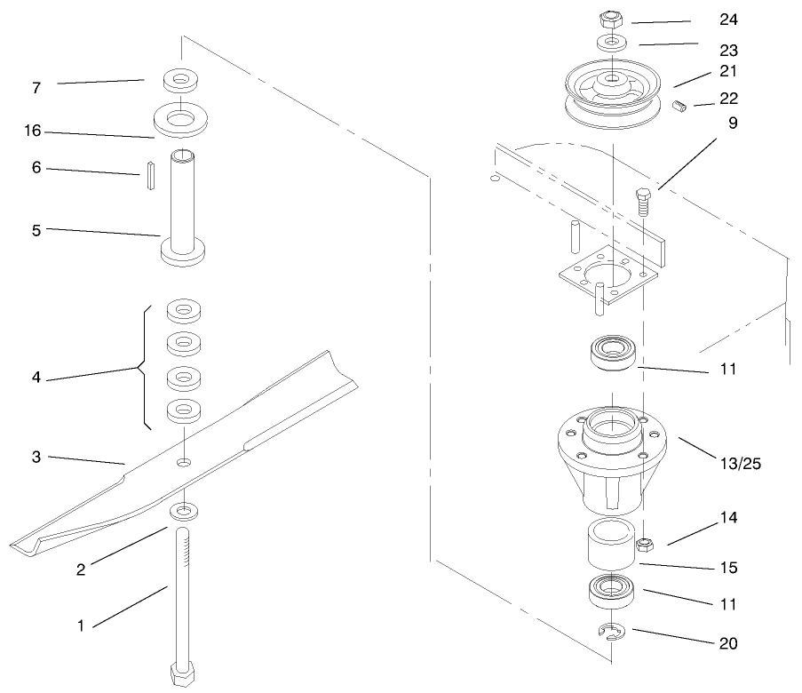 Spindles And Blades Diagram and Parts List for 30196 990201 - 999999 Toro Lawn Mower