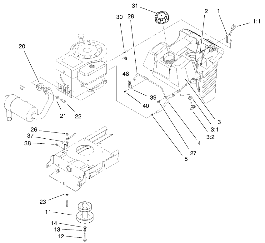 Gas Tank & Engine Pulley Assembly Diagram and Parts List for 71188 7900001 - 7999999 Toro Lawn Tractor