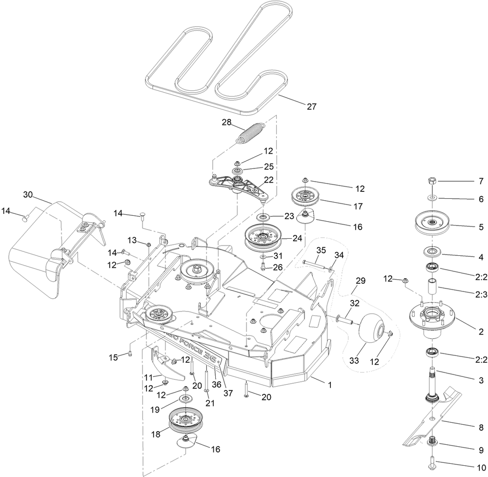 36 Inch Deck Assembly Diagram and Parts List for 74535 400000000 - 417199999 Toro Lawn Tractor