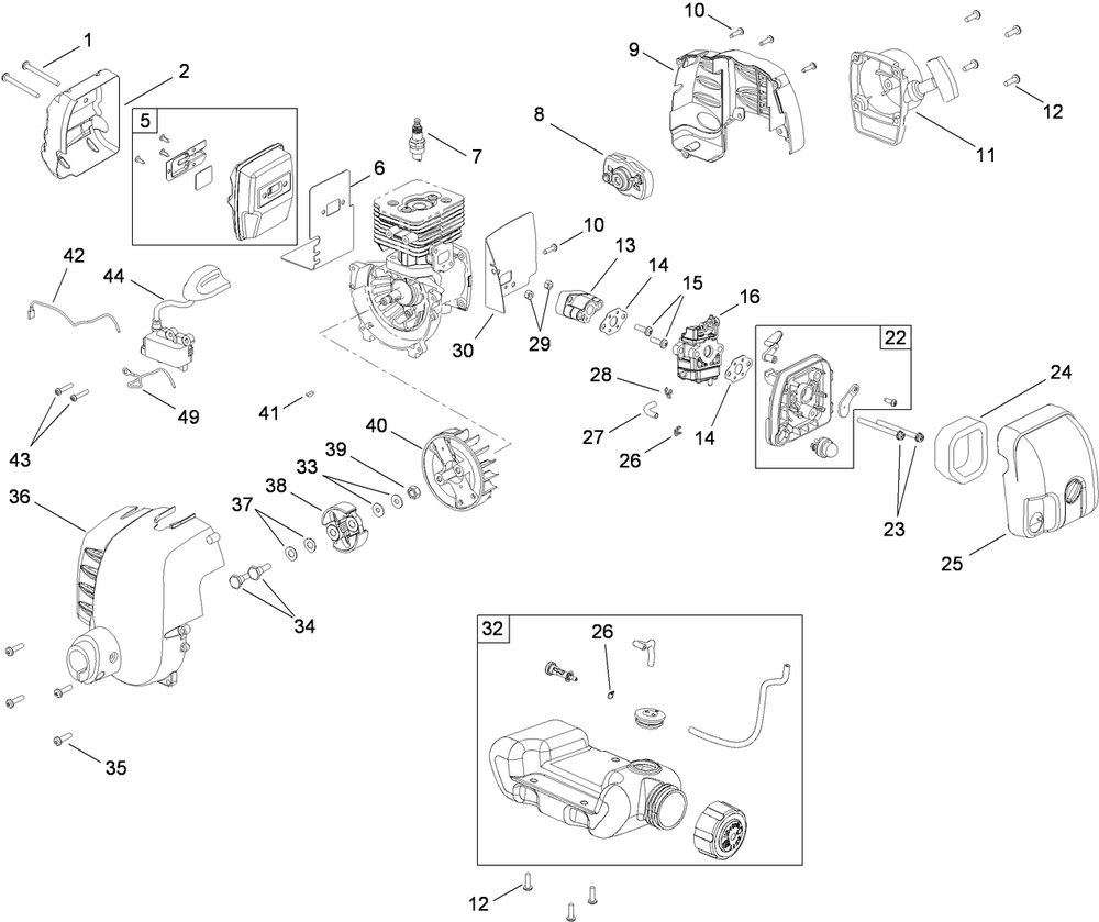 Muffler, Carburator, Fuel Tank And Housing Assembly Diagram and Parts List for 51954 310000001 - 310999999 Toro Trimmer