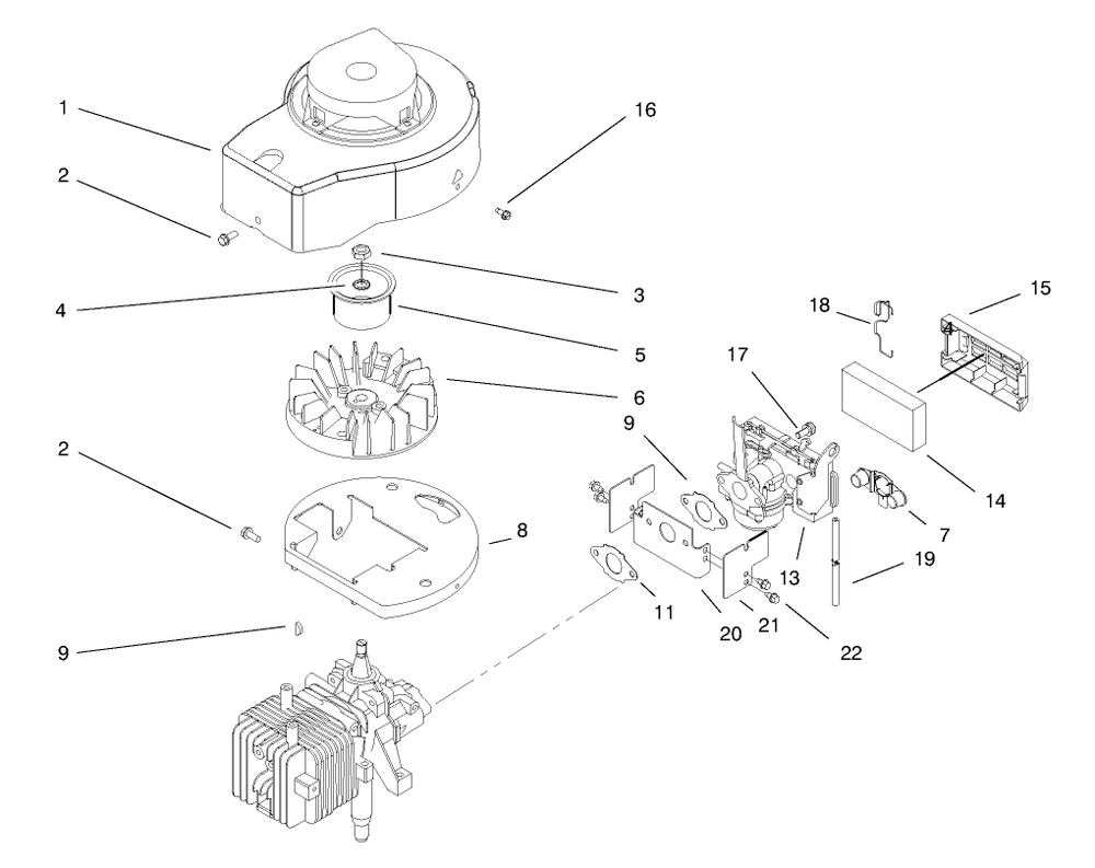 Shroud, Crankcase, & Carburetor Assembly Diagram and Parts List for 20709 8900001 - 89999999 Toro Lawn Mower