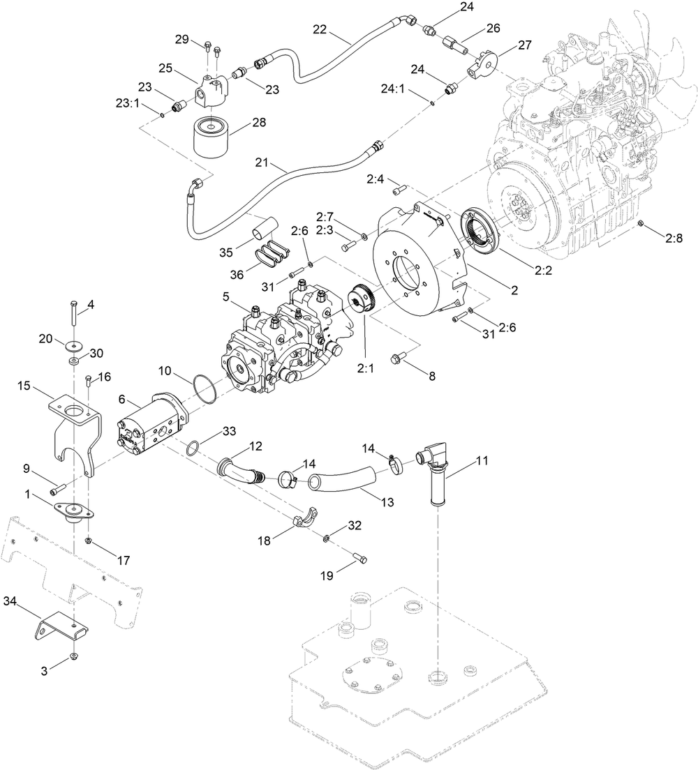 Tandem Pump And Gear Pump Assembly Diagram and Parts List for 22328 408963400 - 409588175 Toro Lawn Tractor Accessories