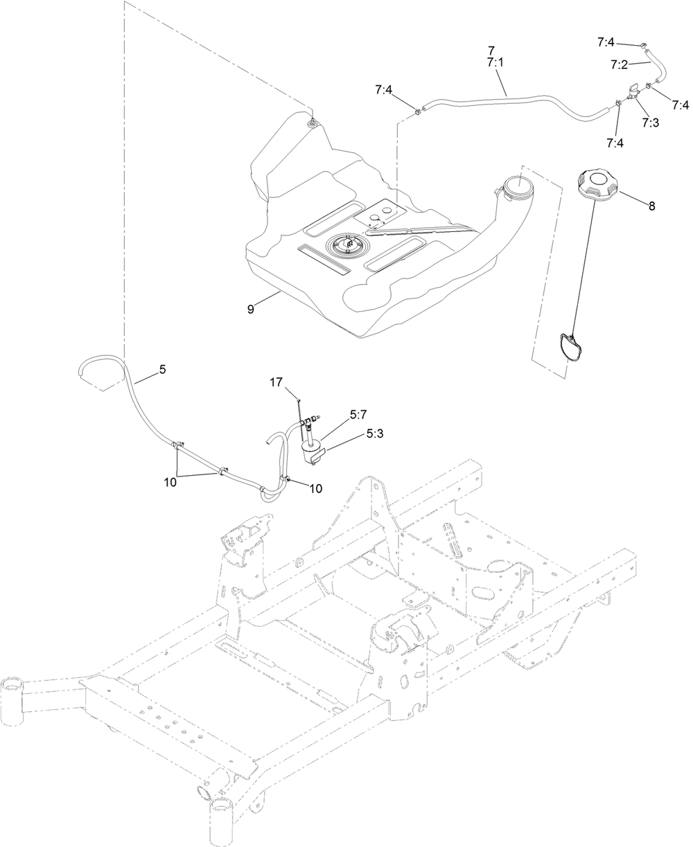 Fuel Tank And Vent Hose Assembly Diagram and Parts List for 74454 400000000-999999999 Toro Lawn Tractor