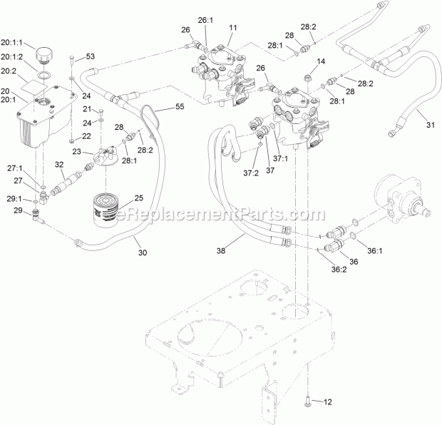 Hydraulic System Assembly Diagram and Parts List for 74588 314000001-314999999 Toro Lawn Mower