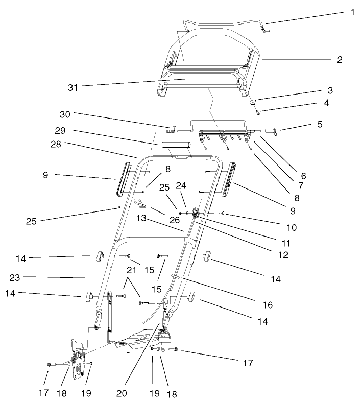Handle & Controls Assembly Diagram and Parts List for 20029 9900001 - 9999999 Toro Lawn Mower