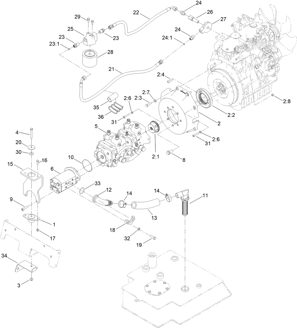 Tandem Pump And Gear Pump Assembly Diagram and Parts List for 22327 412549820 - 412764339 Toro Lawn Tractor Accessories