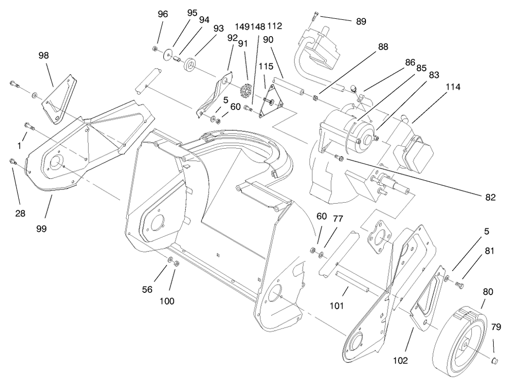 Engine & Wheel Assembly Diagram and Parts List for 38176 7900001 - 7999999 Toro Snow Blower