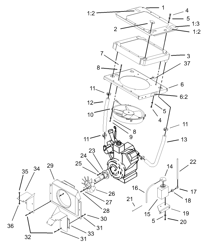 Cooling System Assembly Diagram and Parts List for 74213 (230006001-230999999)(2003) Toro Lawn Mower