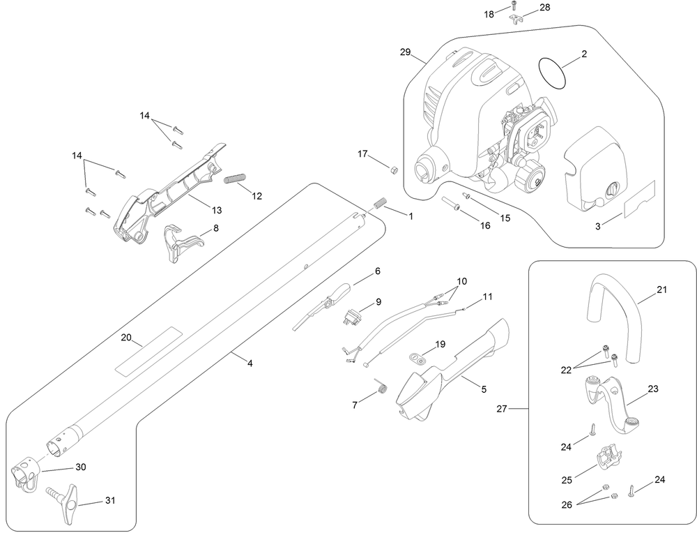 Upper Shaft, Handle And Powerhead Assembly Diagram and Parts List for 51947 313000001 - 313999999 Toro Trimmer