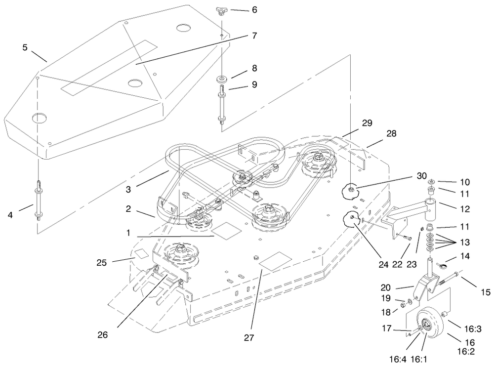 Deck, Cover And Deck Drive Belts Diagram and Parts List for 30197 990001 - 999999 Toro Lawn Mower