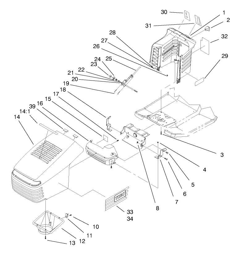 Hood Assembly Diagram and Parts List for 71189 7900001 - 7999999 Toro Lawn Tractor