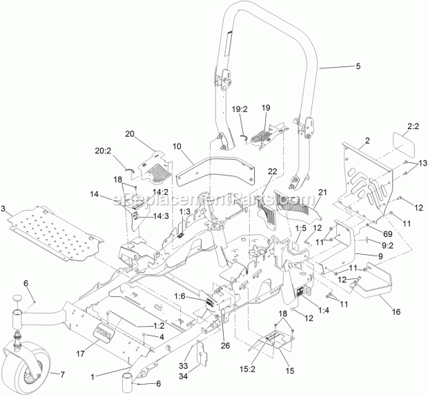 Frame And Caster Wheel Assembly Diagram and Parts List for 74916 312000001-312999999 Toro Lawn Mower