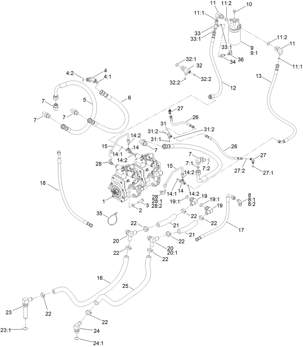 Tandem Pump Assembly Diagram and Parts List for 22530 406500000 - 410149999 Toro Lawn Tractor Accessories