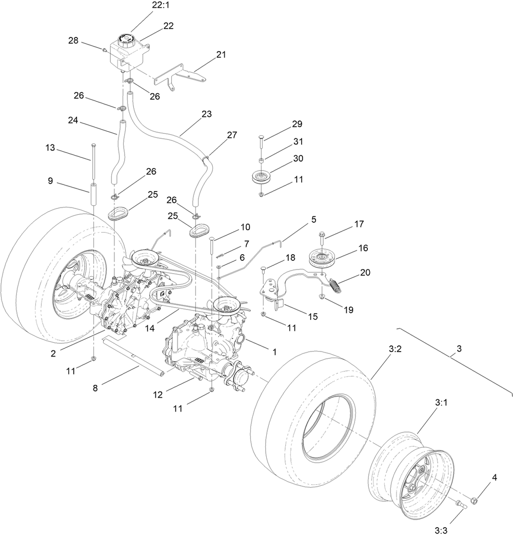 Transmission Assembly Diagram and Parts List for 44427 406959897-406959899 Toro Lawn Mower