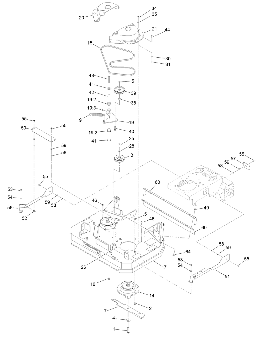 Deck Assembly Diagram and Parts List for 74540TE 413000000 - 417999999 Toro Lawn Tractor
