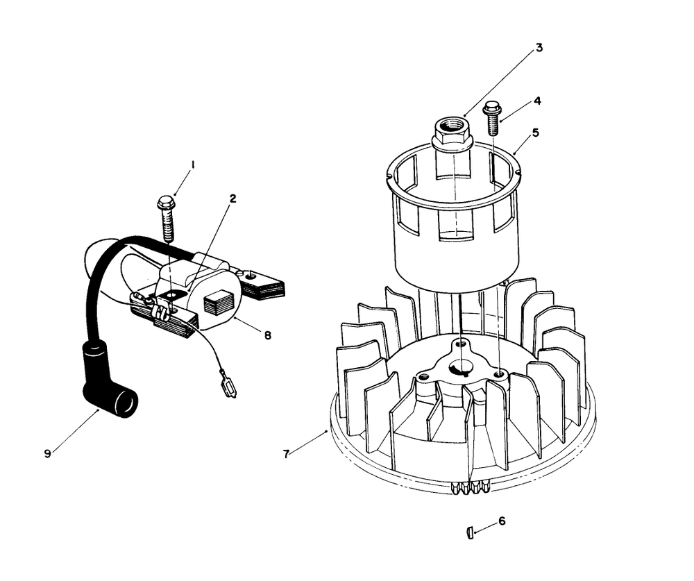 Magneto & Flywheel Assembly (Engine No. Vmg6, Vmj8 & Vmk9) Diagram and Parts List for 26620BG 0009001 - 0999999 Toro Lawn Mower