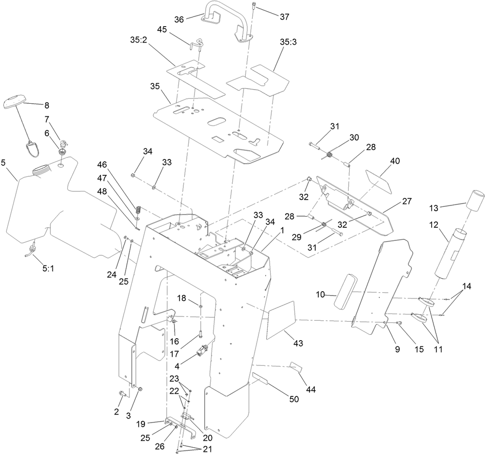 Tower, Control Panel And Fuel Tank Assembly Diagram and Parts List for 22974 400000000 - 401999999 Toro Lawn Tractor Accessories