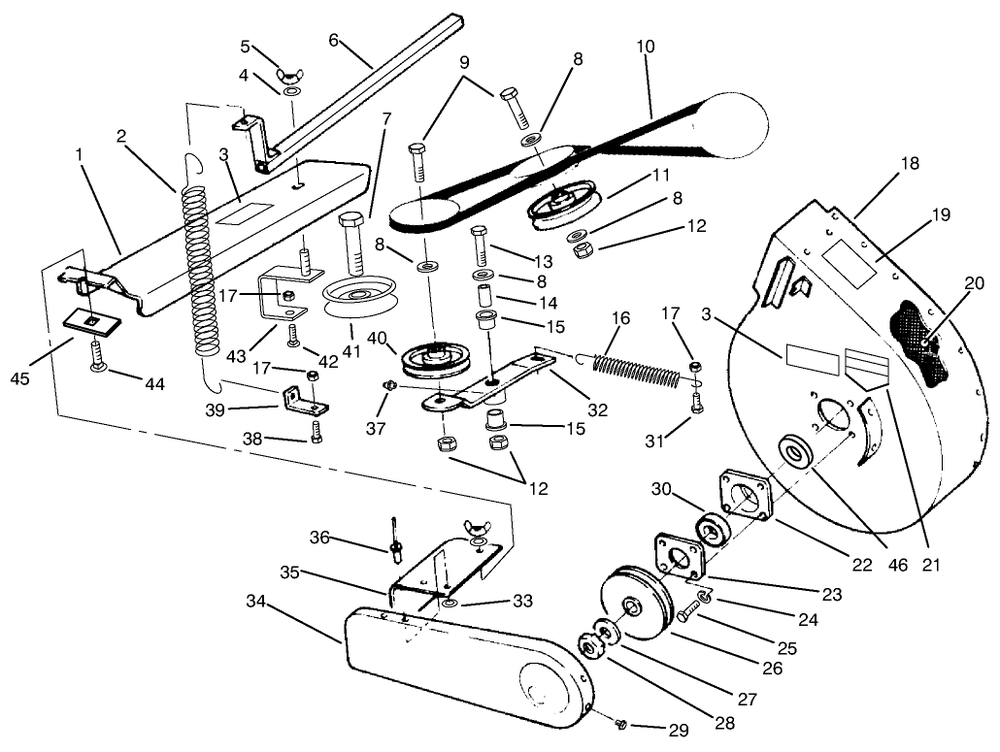 Blower Pulleys & Idler Arm Assembly Diagram and Parts List for 79431 590001 - 599999 Toro Lawn Tractor