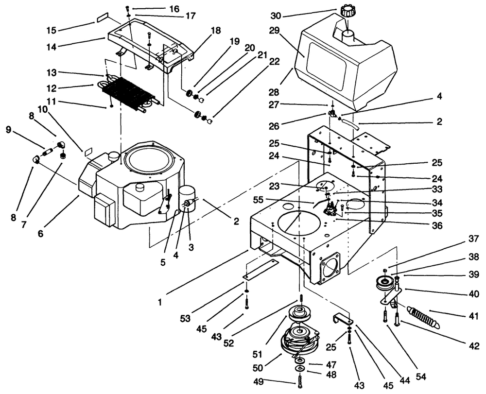 Frame Engine, Fuel Tank, Clutch & Cooler Ass-Y Diagram and Parts List for 30185 10000001 - 19999999 Toro Lawn Tractor Accessories