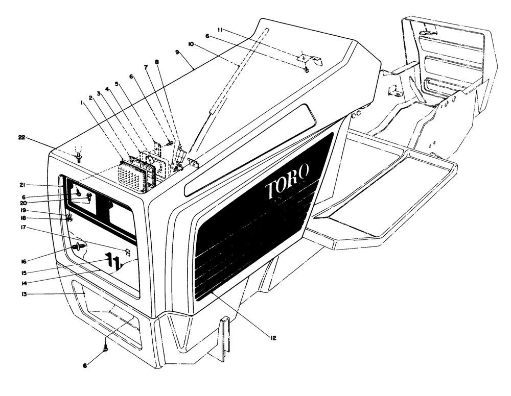 Hood Assembly Diagram and Parts List for 57360 7000001 - 7999999 Toro Lawn Tractor