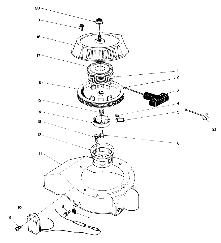 Recoil Starter Assembly Diagram and Parts List for 38185 9000001 - 9999999 Toro Snow Blower
