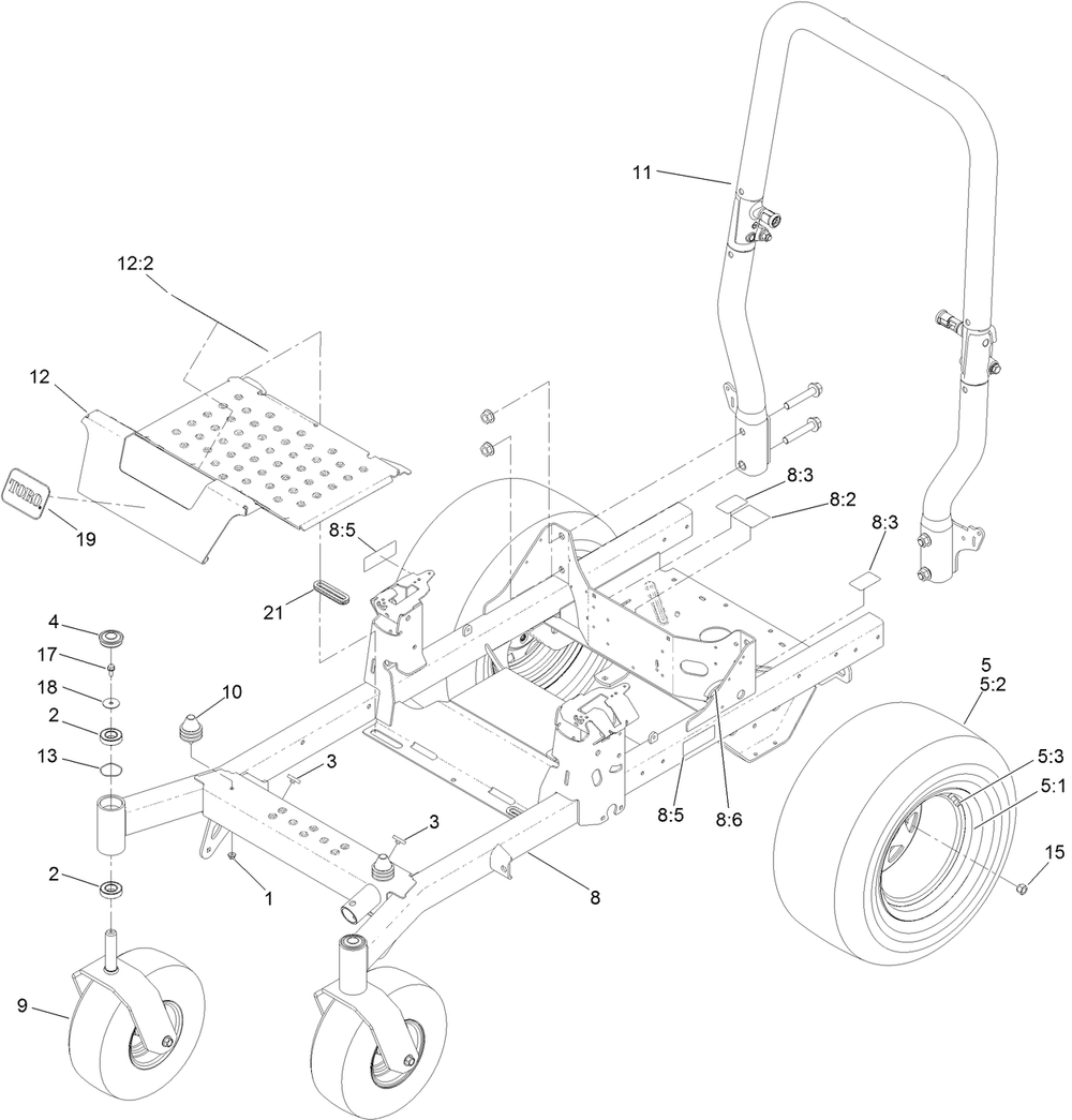 Frame, Roll-Over Protection System And  Wheel Assembly Diagram and Parts List for 74463 400000000-402099999 Toro Lawn Tractor