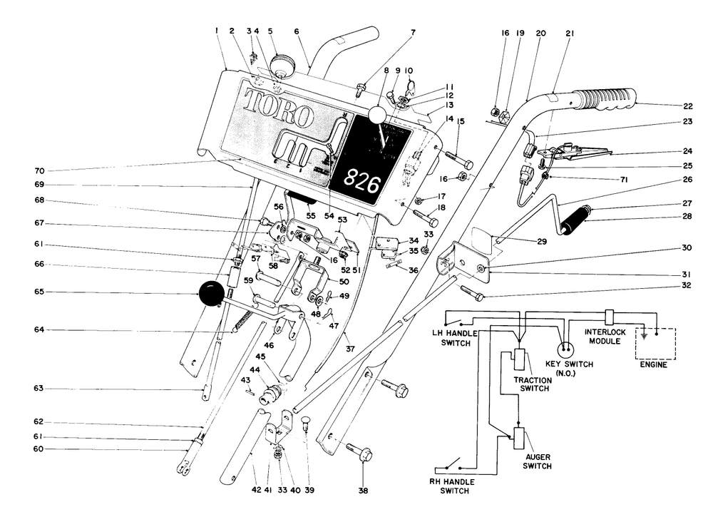 Handle Assembly Diagram and Parts List for 38150 6000001 - 6999999 Toro Snow Blower