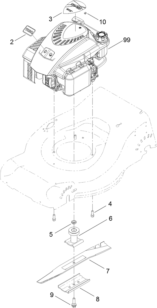 Engine And Blade Assembly Diagram and Parts List for 20950 316000001 - 316999999 Toro Lawn Mower