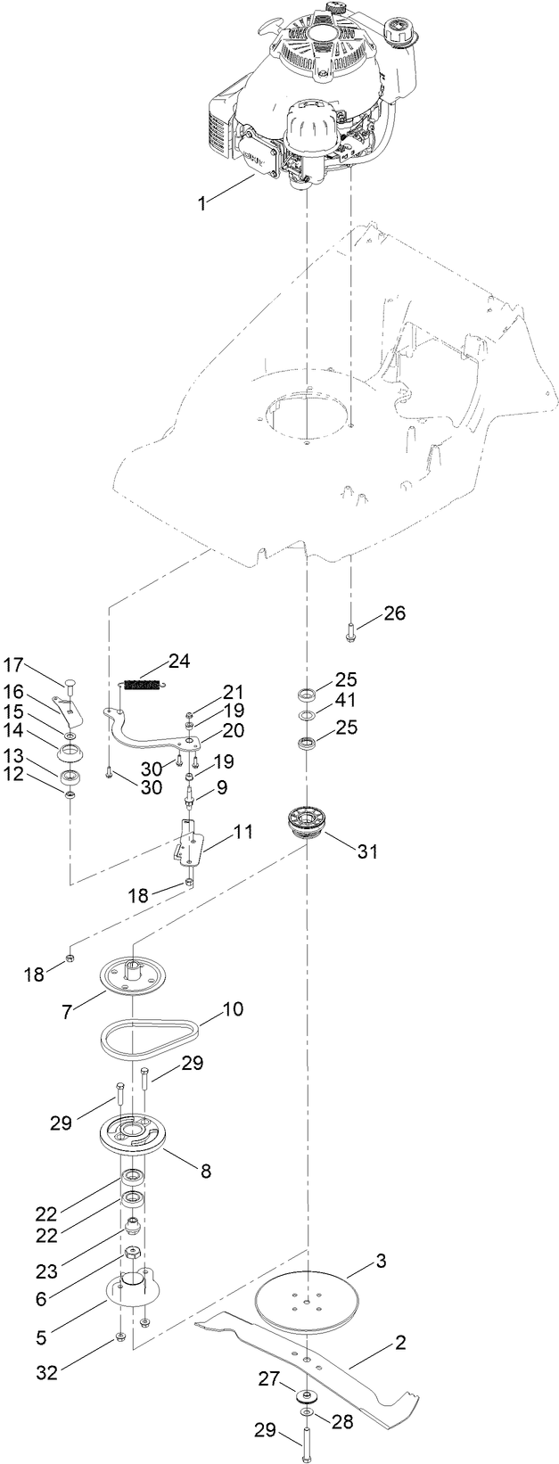 Engine And Blade Assembly Diagram and Parts List for 02657 407000000-410069999 Toro Lawn Mower