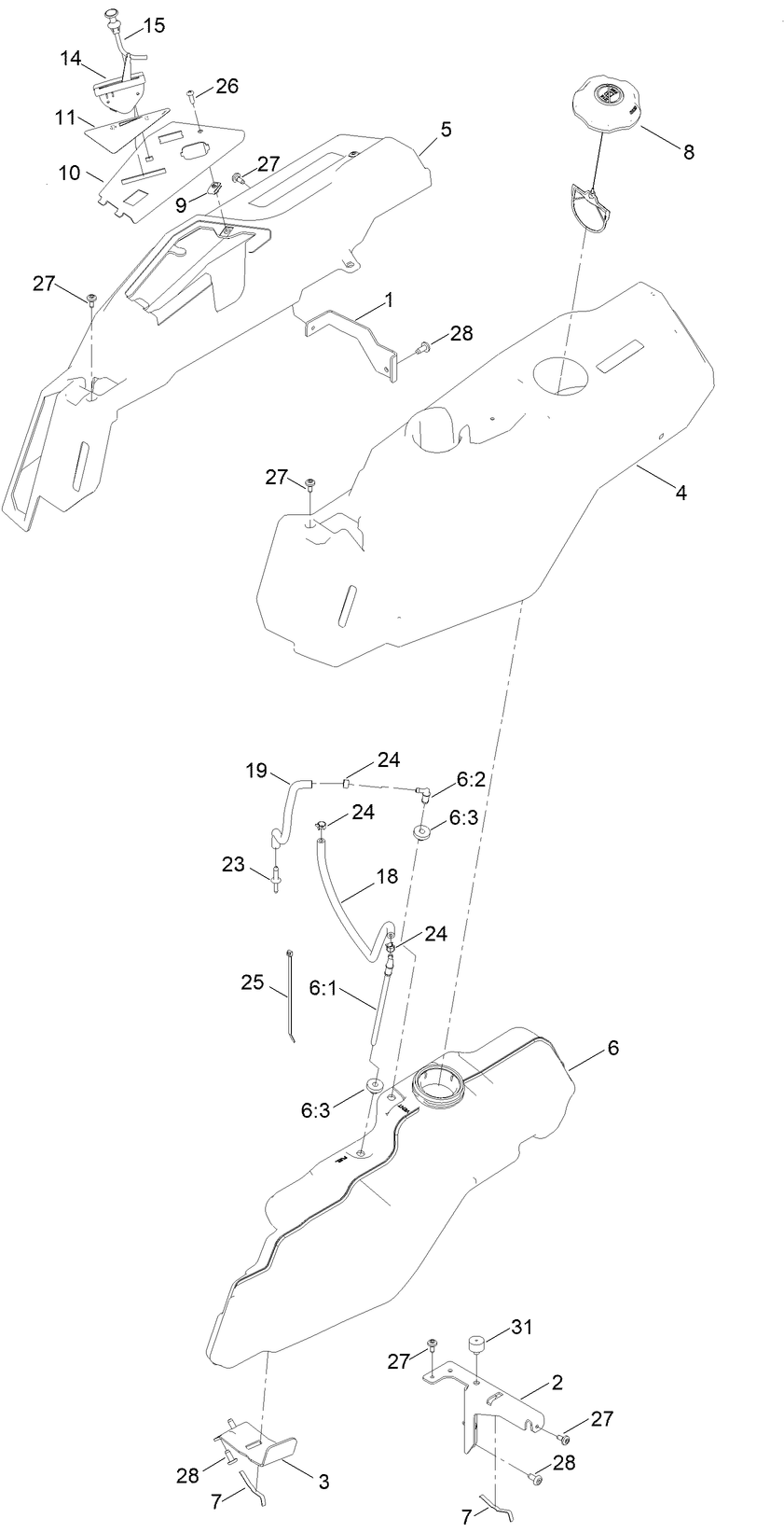 Body Styling And Fuel Pod Assembly Diagram and Parts List for 75755W 407200000 - 412259805 Toro Lawn Tractor