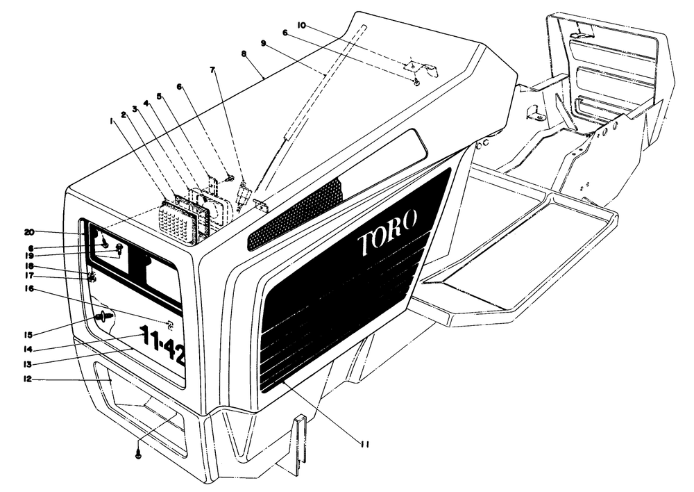 Hood Assembly Diagram and Parts List for 57356 9000001 - 9999999 Toro Lawn Tractor