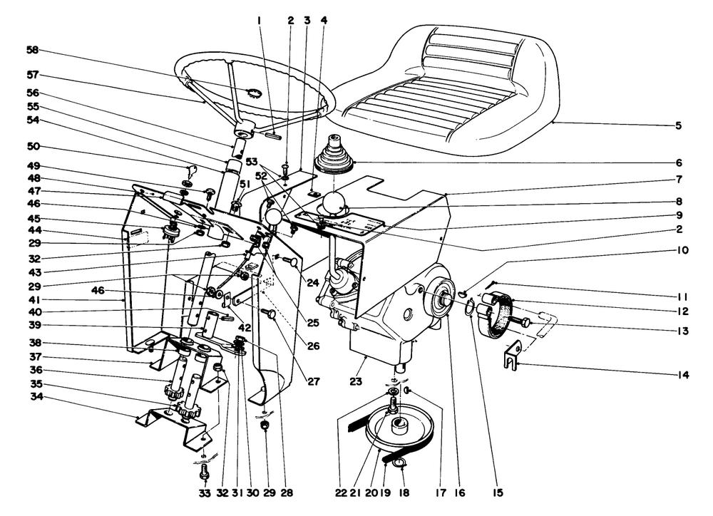 Steering And Transmission Assembly Diagram and Parts List for 57043 1000001 - 1999999 Toro Lawn Tractor