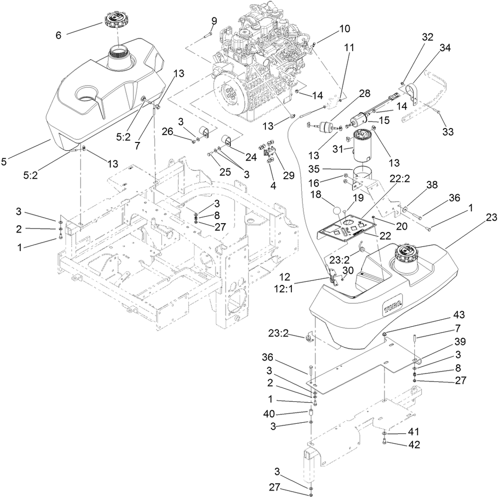 Fuel System And Throttle Control Assembly Diagram and Parts List for 74274 (312000001-312999999)(2012) Toro Lawn Mower