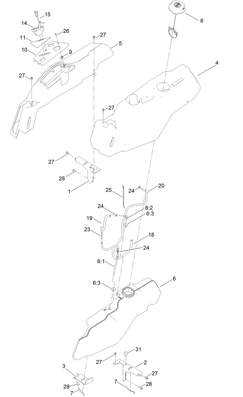 Body Styling And Fuel Pod Assembly Diagram and Parts List for 75750 409479951 - 410219308 Toro Lawn Tractor