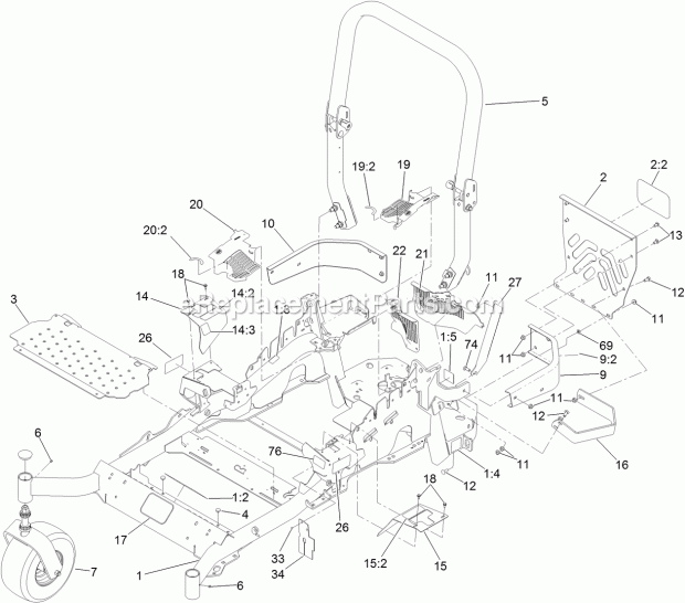 Frame And Caster Wheel Assembly Diagram and Parts List for 74957 314000001-314999999 Toro Lawn Mower