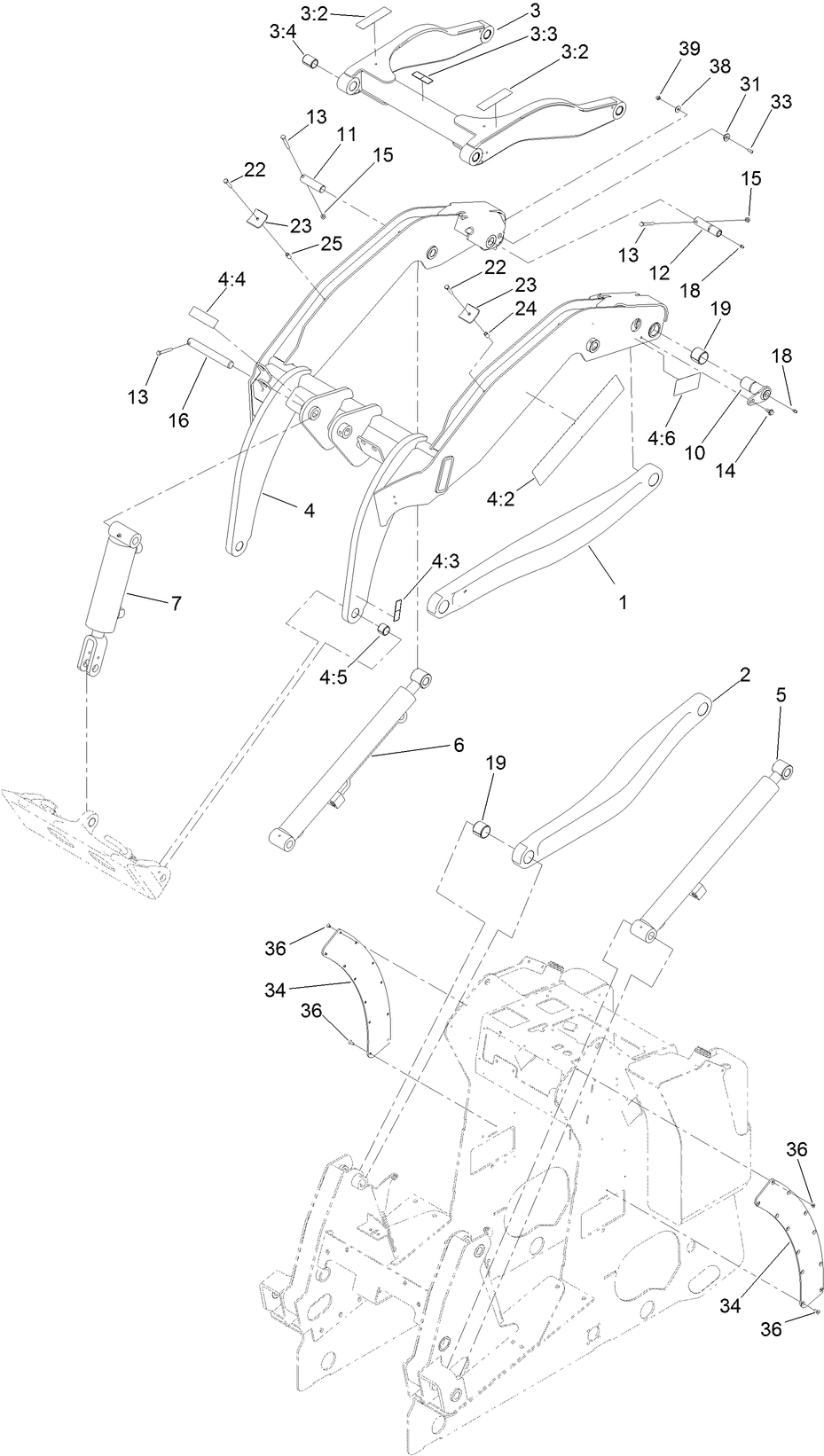 Loader Arm Assembly Diagram and Parts List for 22327 409940000 - 411509999 Toro Lawn Tractor Accessories