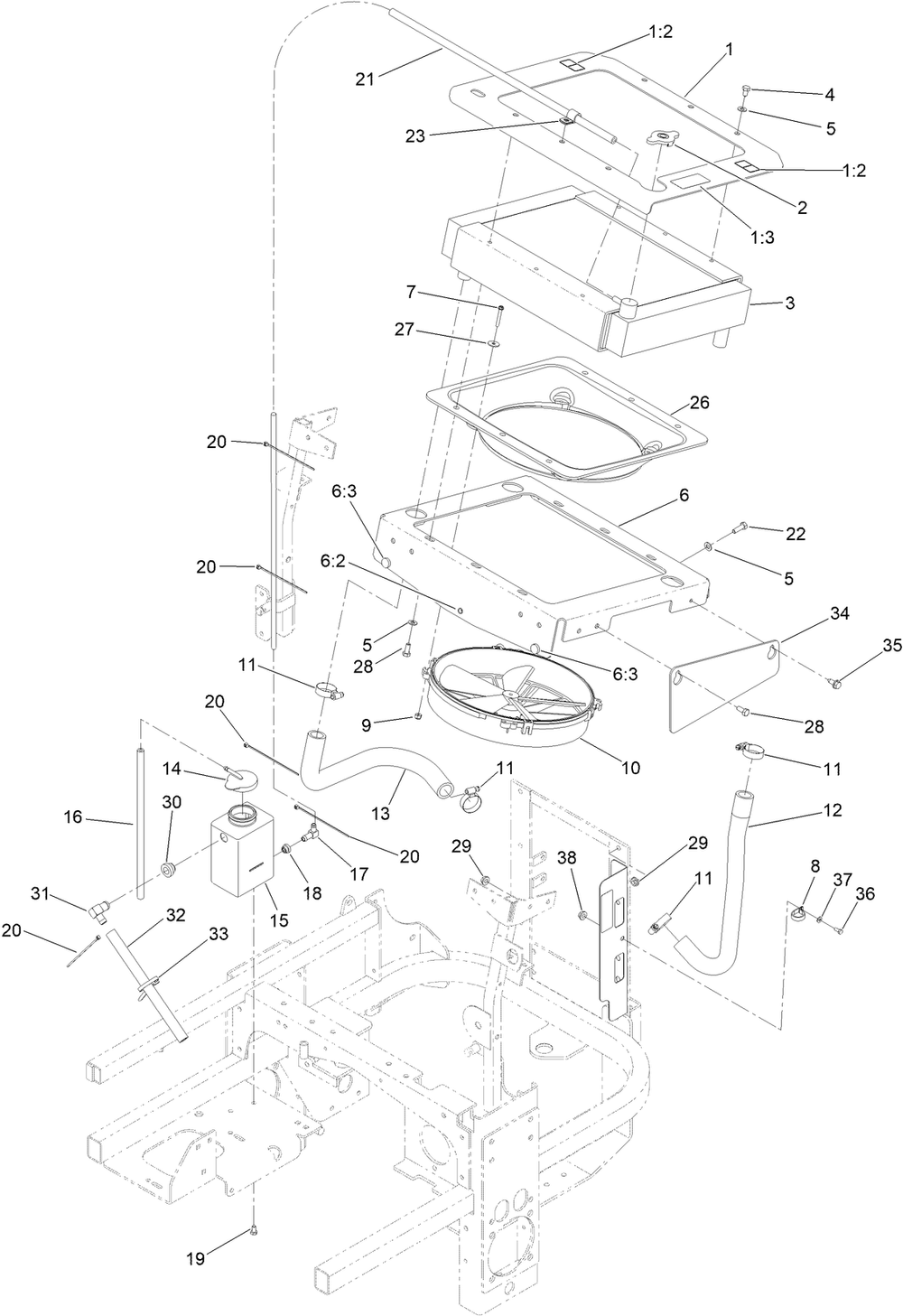 Cooling System Assembly Diagram and Parts List for 72264TE 409547310 - 411699999 Toro Lawn Tractor