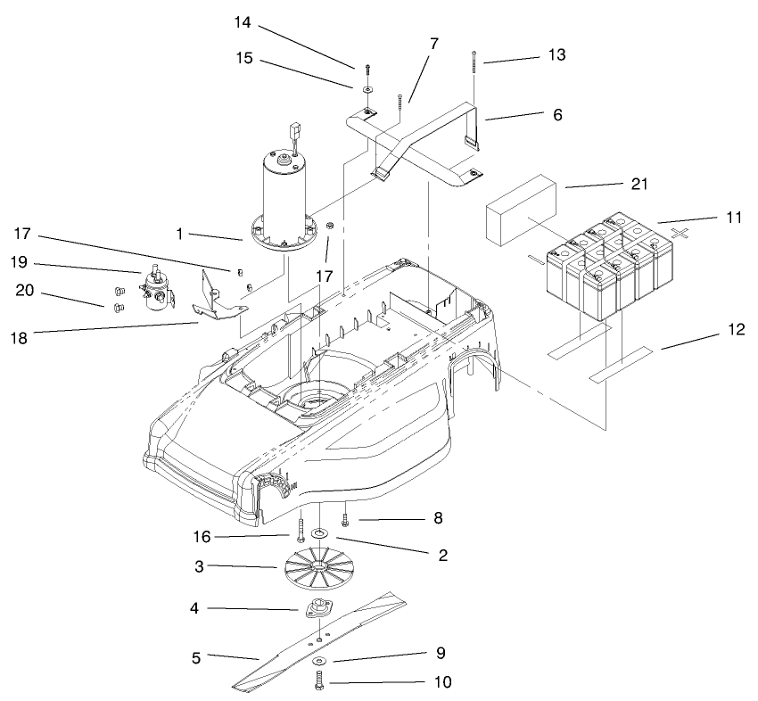 Motor, Batteries, & Blade Assembly Diagram and Parts List for 20052 99000001 - 99999999 Toro Lawn Mower