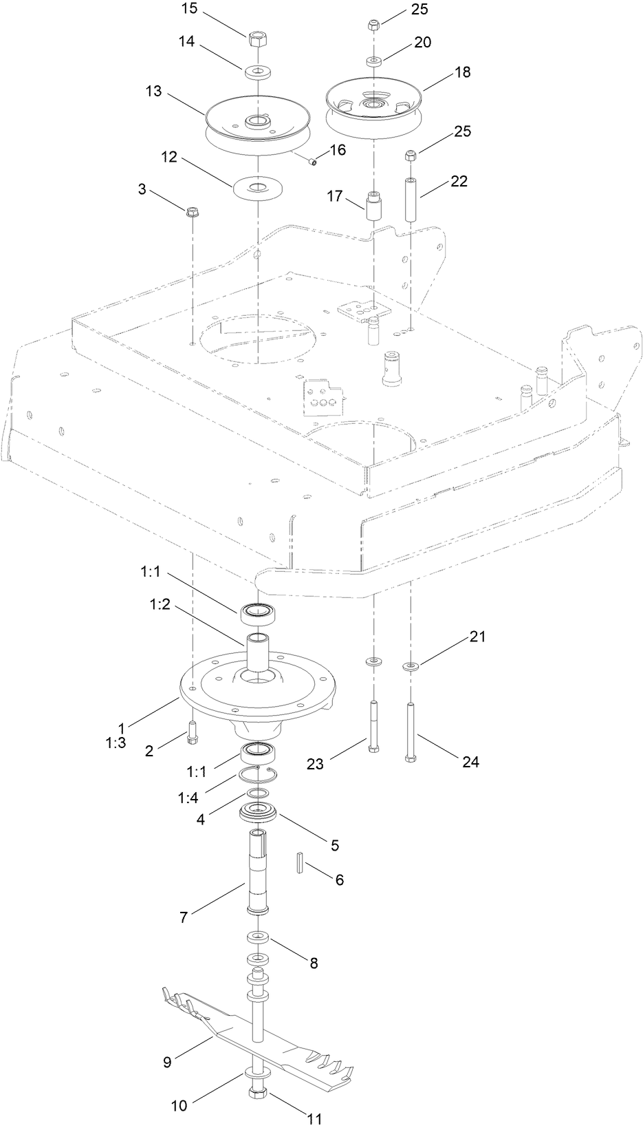 Spindle And Blade Assembly Diagram and Parts List for 02710 410000000-999999999 Toro Lawn Tractor